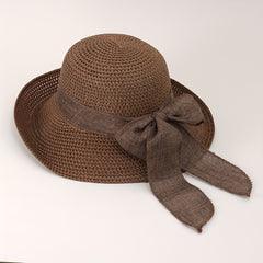Straw Bucket Hat Bowknot Ribbon Solid Summer Beach Hat
