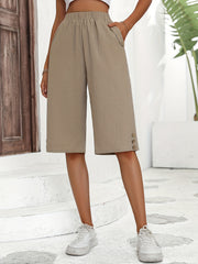 Solid Knee Length Pants Casual Elastic Waist Summer Pants