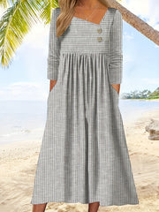  Stripe Print Button Decor Maxi Dress