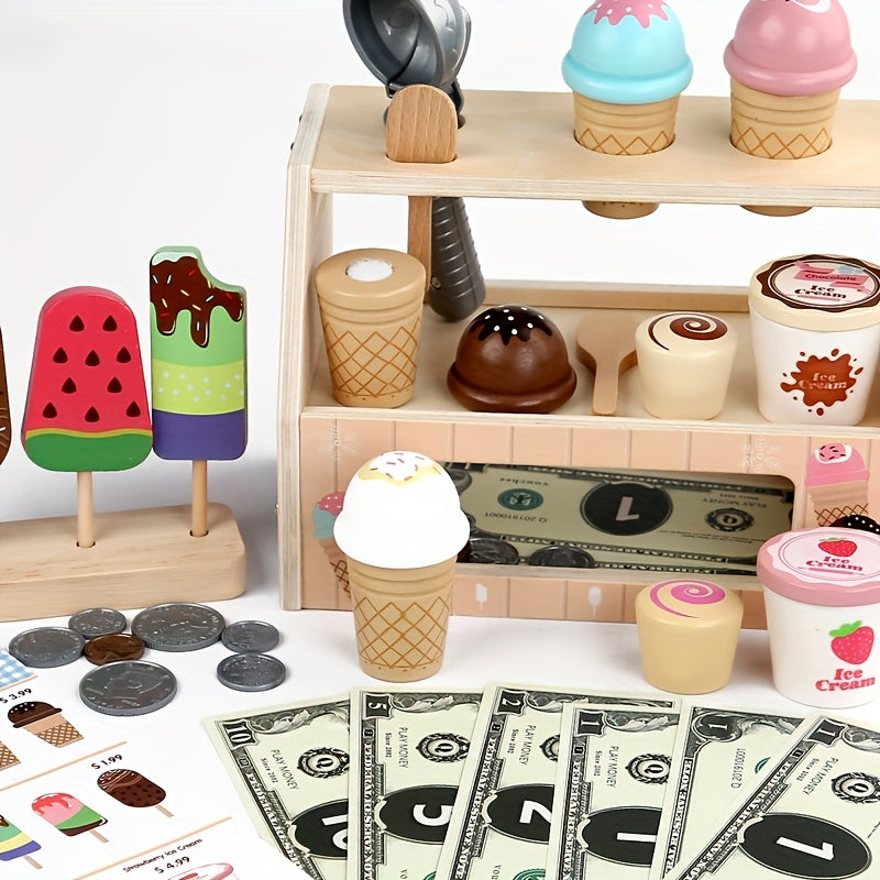 Wooden Ice Cream Counter Playset for Girls Kitchen Toys Gift for 3-6 Years Old