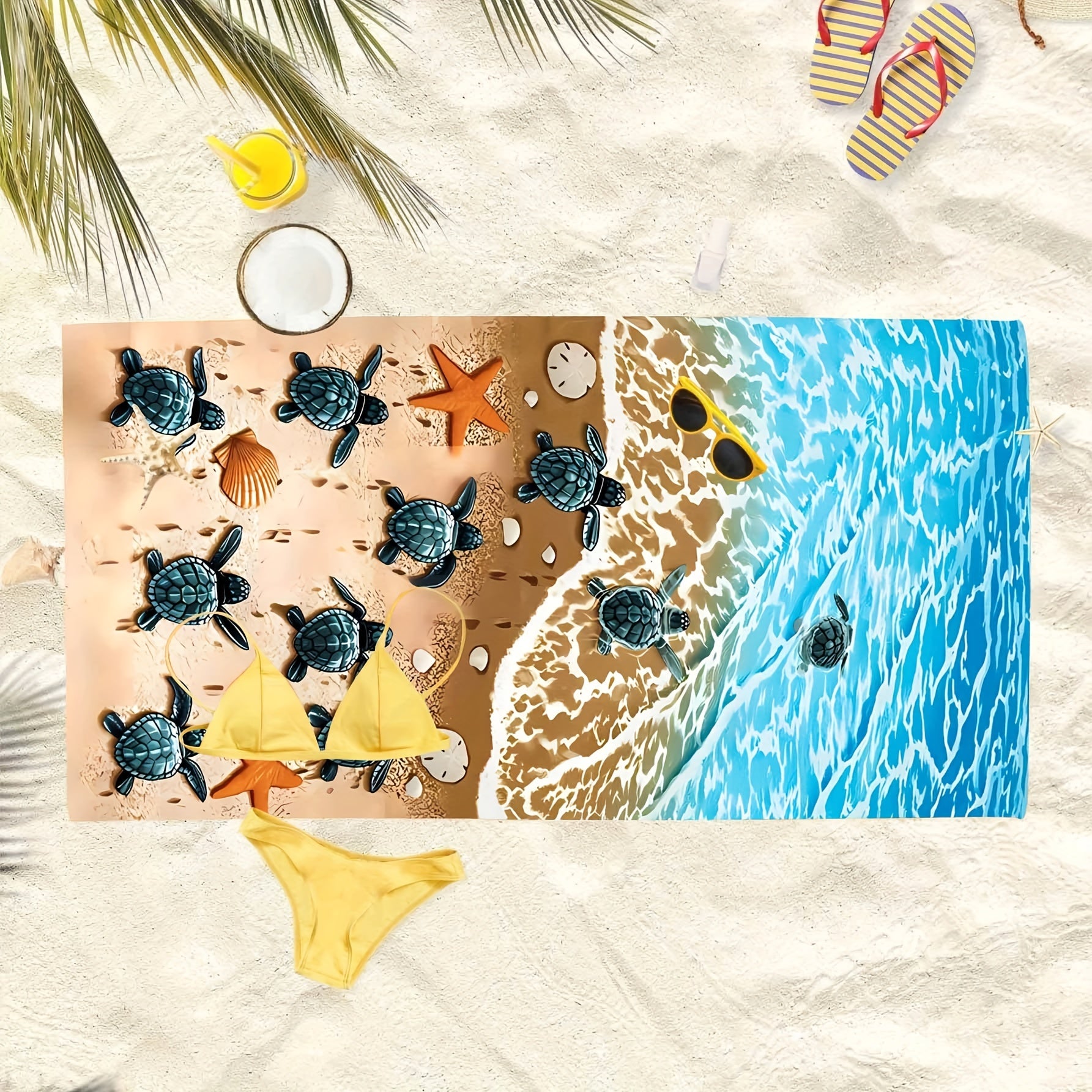 Large Microfiber Beach Towel Tortoise & Beach Print Outdoor Sports Swim Surf