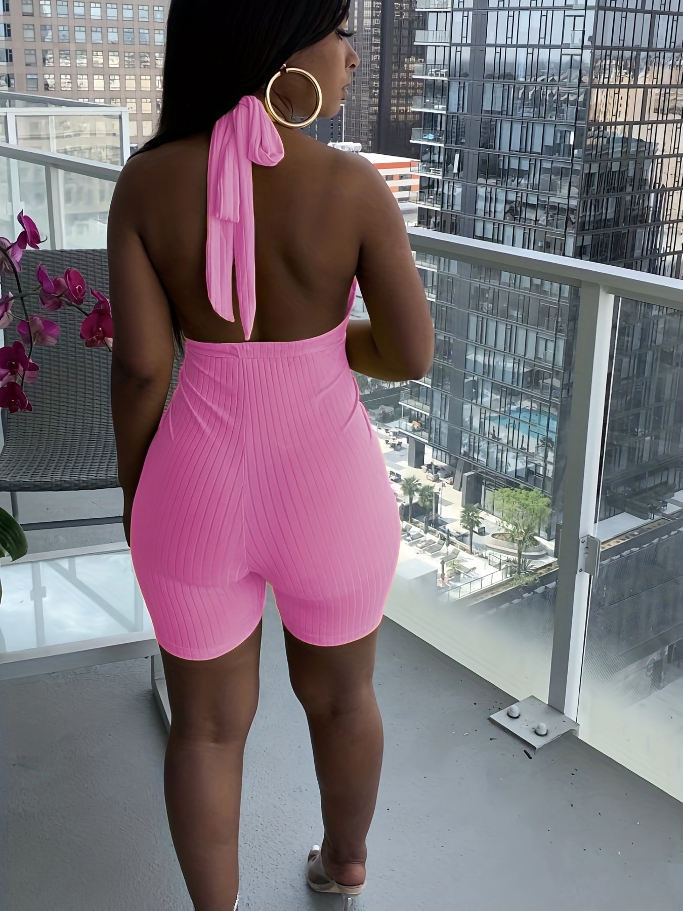 Plunging Halter Neck Romper Sexy Solid Bodycon Summer Women's Clothing