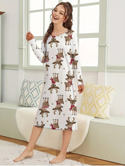 Christmas Elk Print NightDress Long Sleeve Pajama Dress Women's Sleepwear