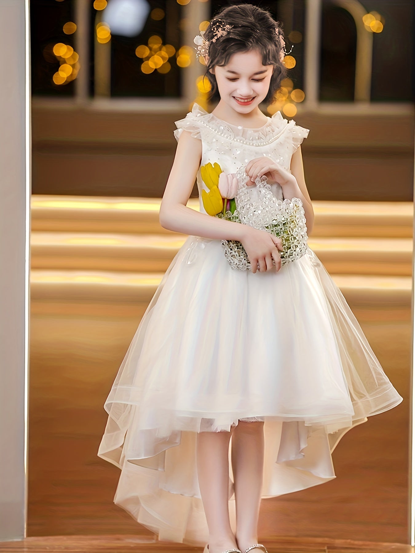 Girls Flowers Embroidery High Low Party Dress