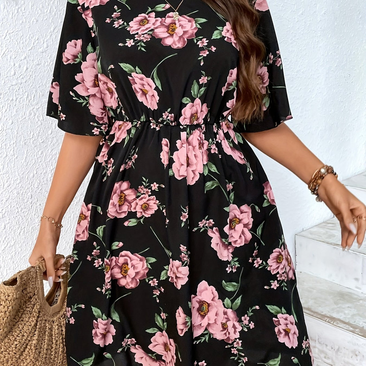 Floral Print Plus Size Short Sleeve Dress
