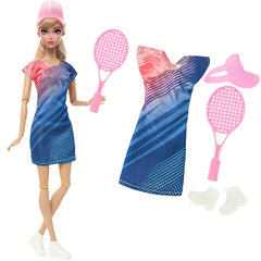 15pcs 5 Inch Doll Casual Sportswear Set-5 Outfits, Accessories, Hat, Racket, B