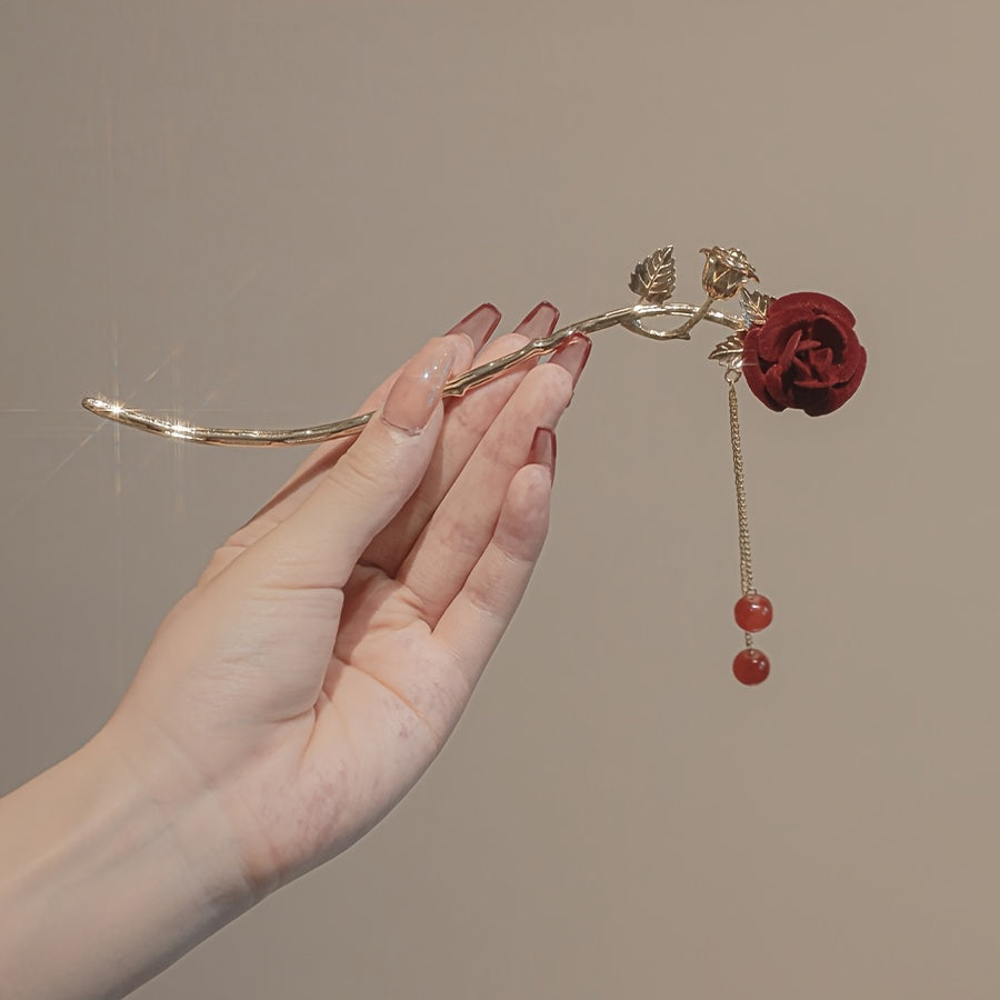 Rose & Tassel Hair Pin Bun Holder Bridal Wedding Headwear