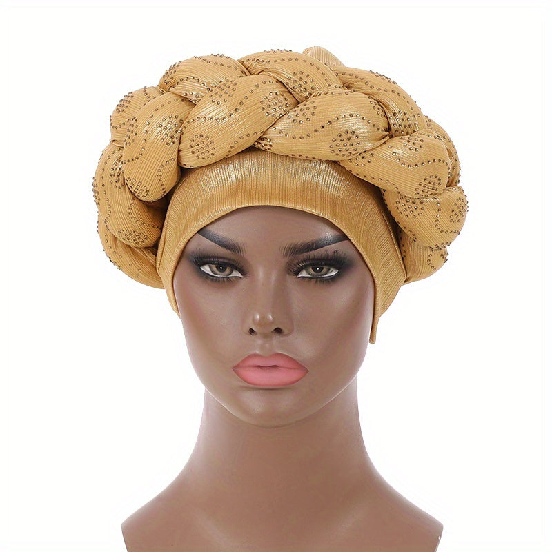 Golden Twist Braided Turban Cap Rhinestone Decor Head Wrap Hijab Hats