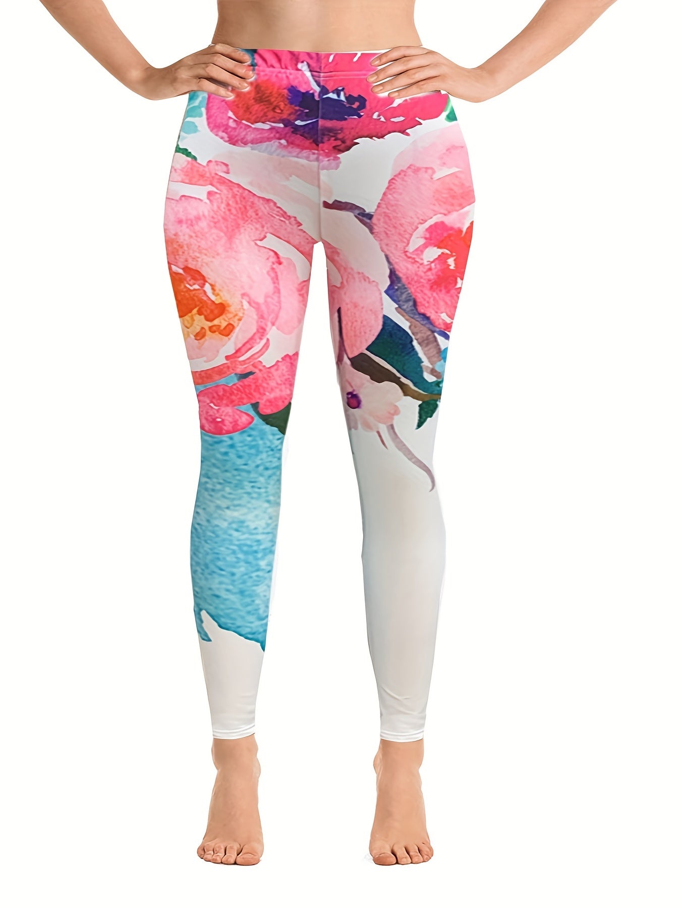  Sporty Leggings Women's Plus Floral Print High Rise Yoga Leggings