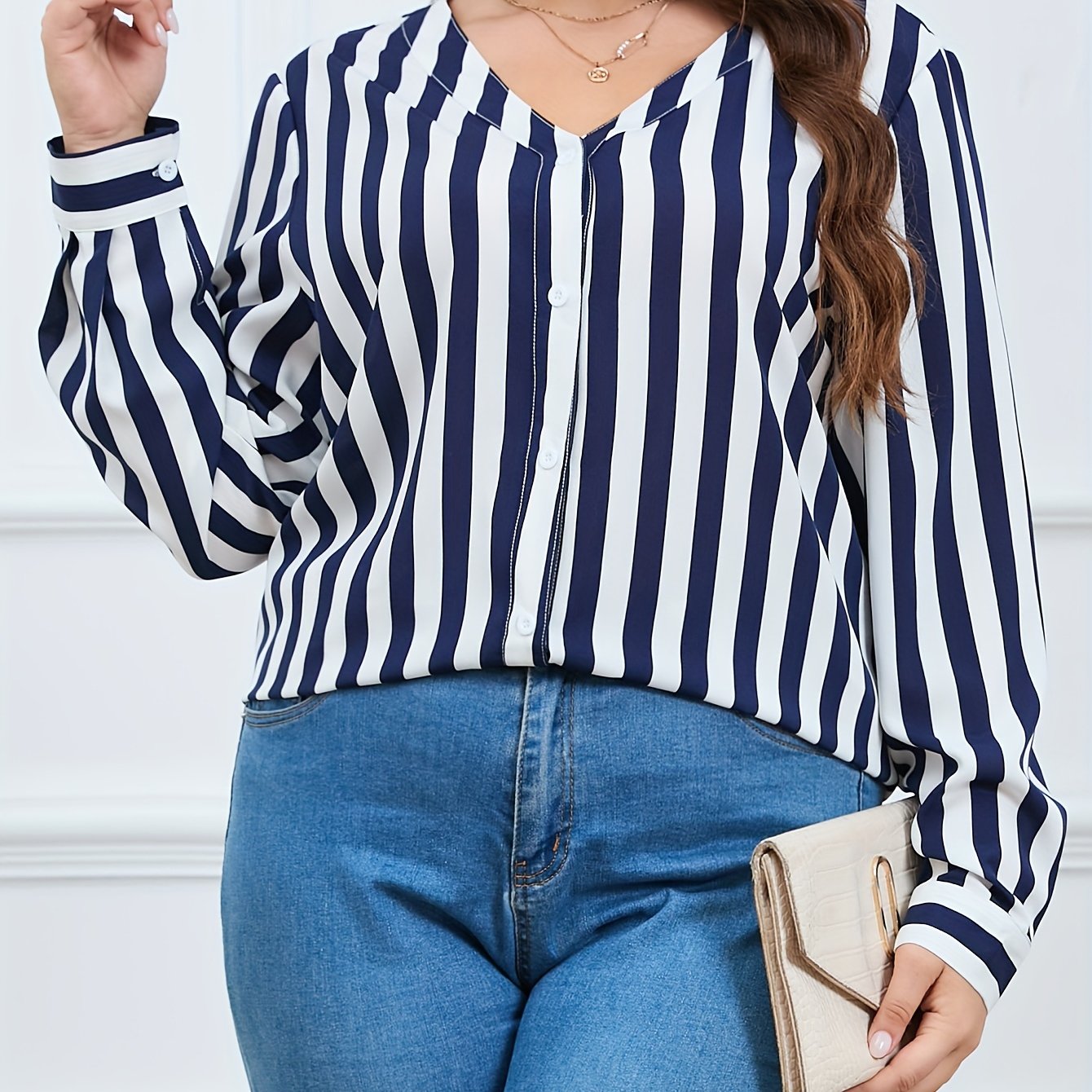  Women's Stripe Print Button Up Long Sleeve Blouse