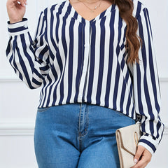  Women's Stripe Print Button Up Long Sleeve Blouse