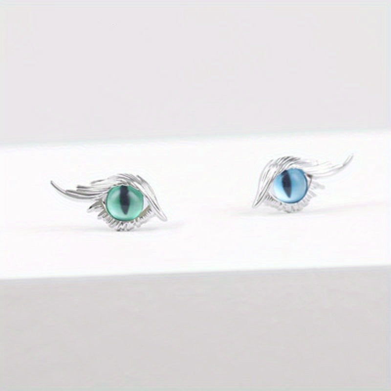 Cat Eye Stud Earrings w/ Feather 2pcs Pair