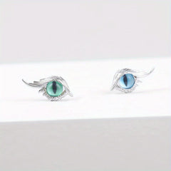 Cat Eye Stud Earrings w/ Feather 2pcs Pair