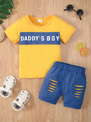 Cotton DADDY' BOY Block Tee Top Ripped Shorts Set