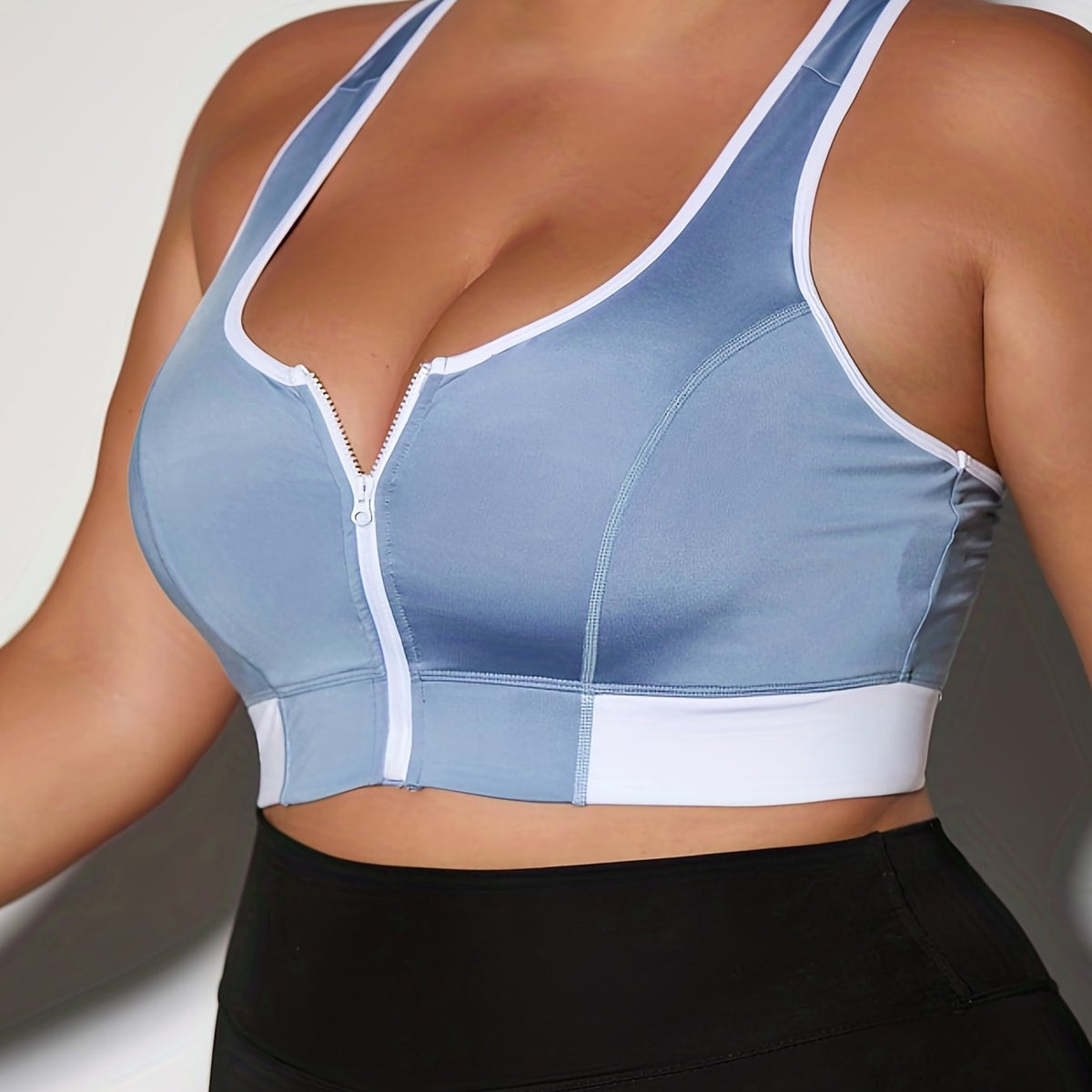  Colorblock Zipper High Stretch Sporty Bra