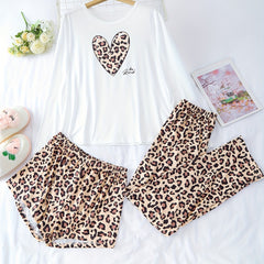 Heart Print Lounge Set Long Sleeve Crew Neck Top & Leopard Shorts