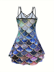  Mermaid Print Criss Cross V Neck Cami Dress