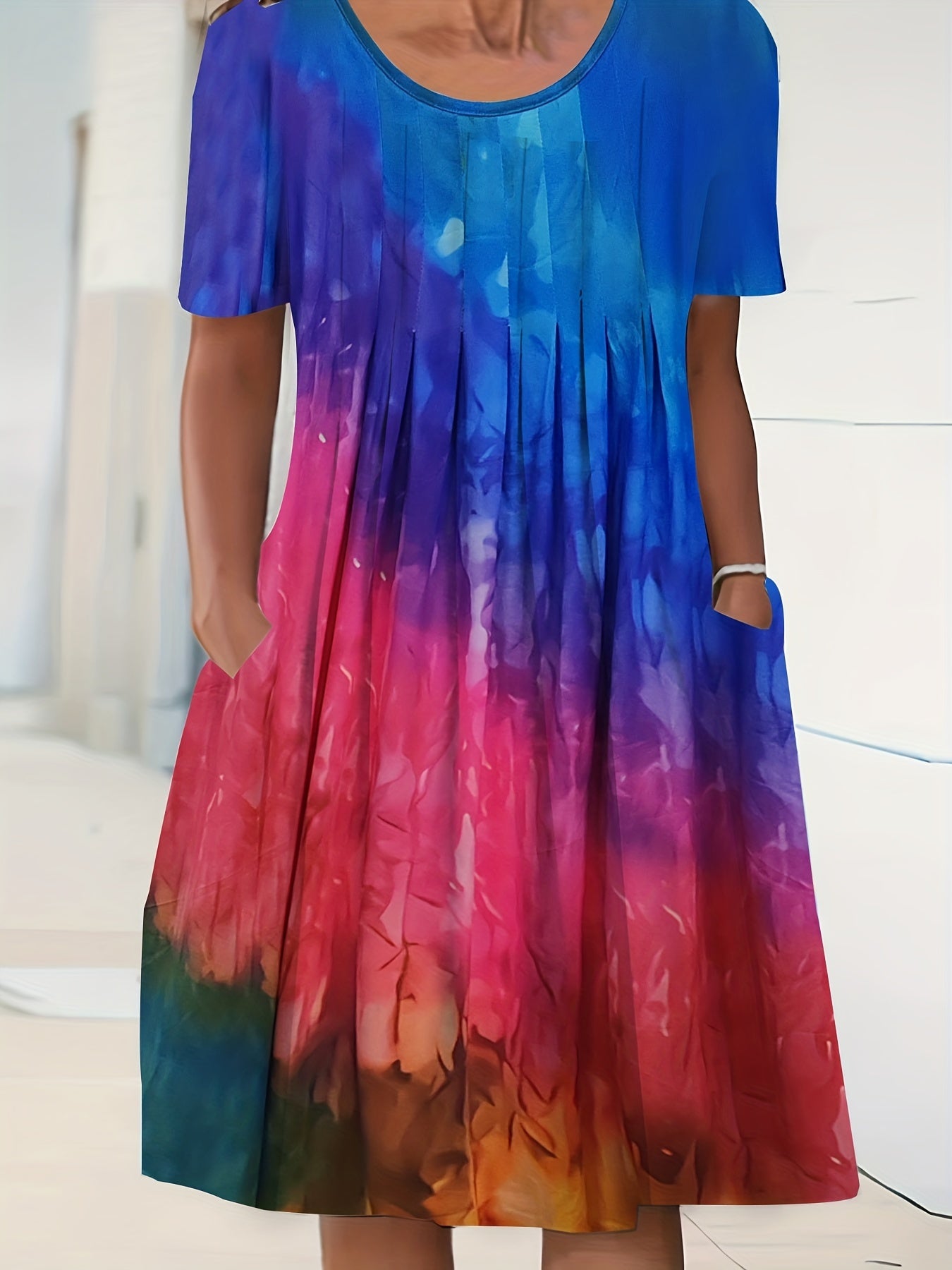  Tie Dye Boat Neck Pleated Midi Dress With Pockets
