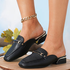 Chunky Heeled Mules Square Toe Loafers Slip-On Backless Slide Shoes