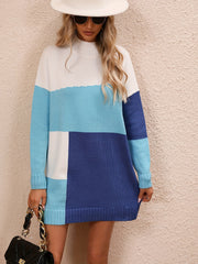  Colorblock Long Sleeve High Neck Sweater Dress