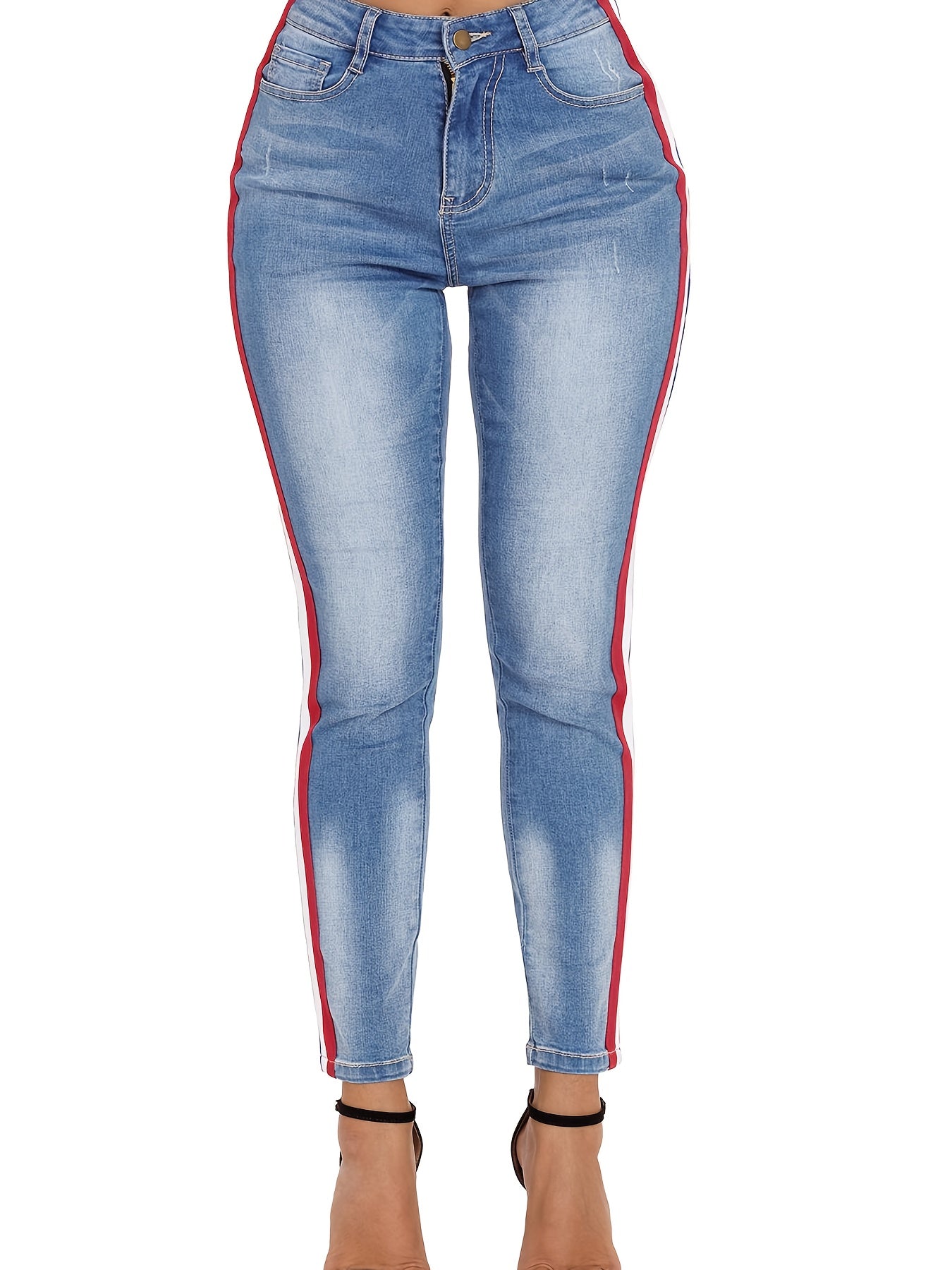 Striped Print Casual Skinny Jeans Slim Fit Denim Pants Women's Clothing