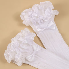 Sheer Mesh Thigh High Socks Lace Trim Bowknot Decor Over The Knee Socks