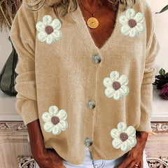  Casual Cardigan Women's Plus Floral Patch Button Decor