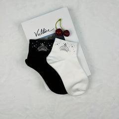 5 Pairs Crown Rhinestone Crew Short Socks Women's Stockings