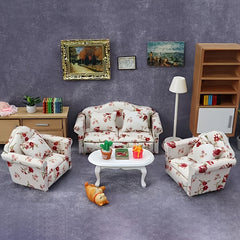Pink Floral Mini Sofa Set with Cushions for Dollhouse