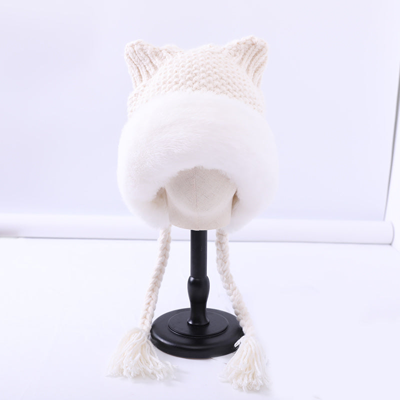 Women's Winter Pom Beanie Hat Fluffy Knit Cat Fox Ear Faux Fur Skull Cap