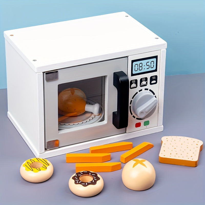 Kids Wooden Microwave Oven Kitchen Playset with Bread Baking Dessert Set