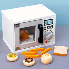 Kids Wooden Microwave Oven Kitchen Playset with Bread Baking Dessert Set