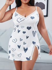  Heart Print Lace Trim Split Cami Sleep Dress