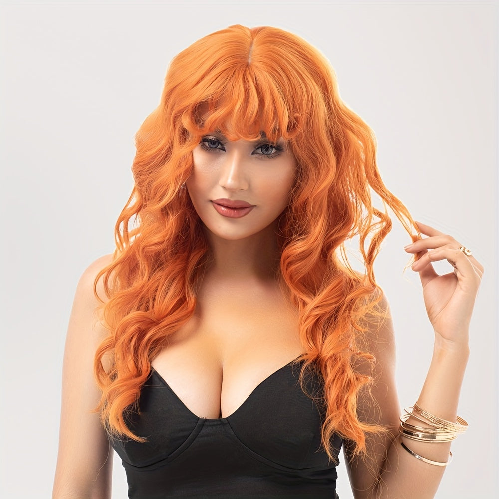 Orange Long Wavy Cury Hair Wigs With Bangs Synthetic Hair Replacement Wigs