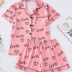 Heart Print Pajama Set Short Sleeve Buttons Top & Elastic Waistband Shorts