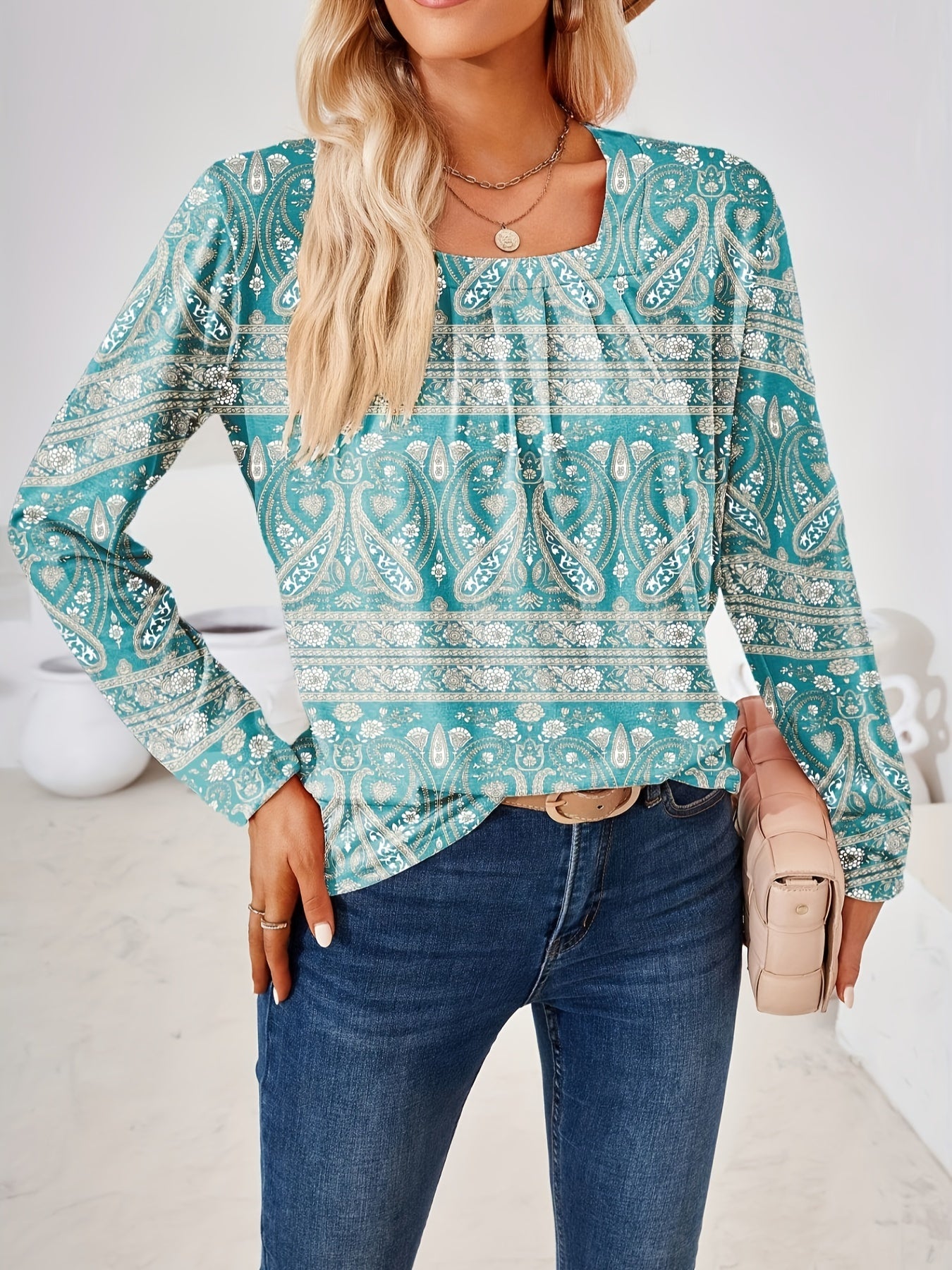  Paisley Print Long Sleeve Boho Blouse