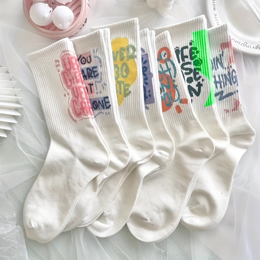 7 Pairs Letter Print Socks Breathable Mid Tube Stockings