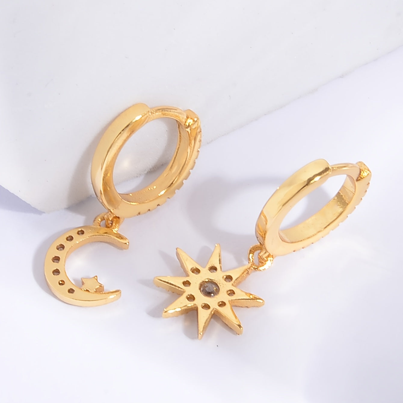 Sun & Moon Zircon Drop Hoop Earrings 18K Plated Ear Jewelry Gift