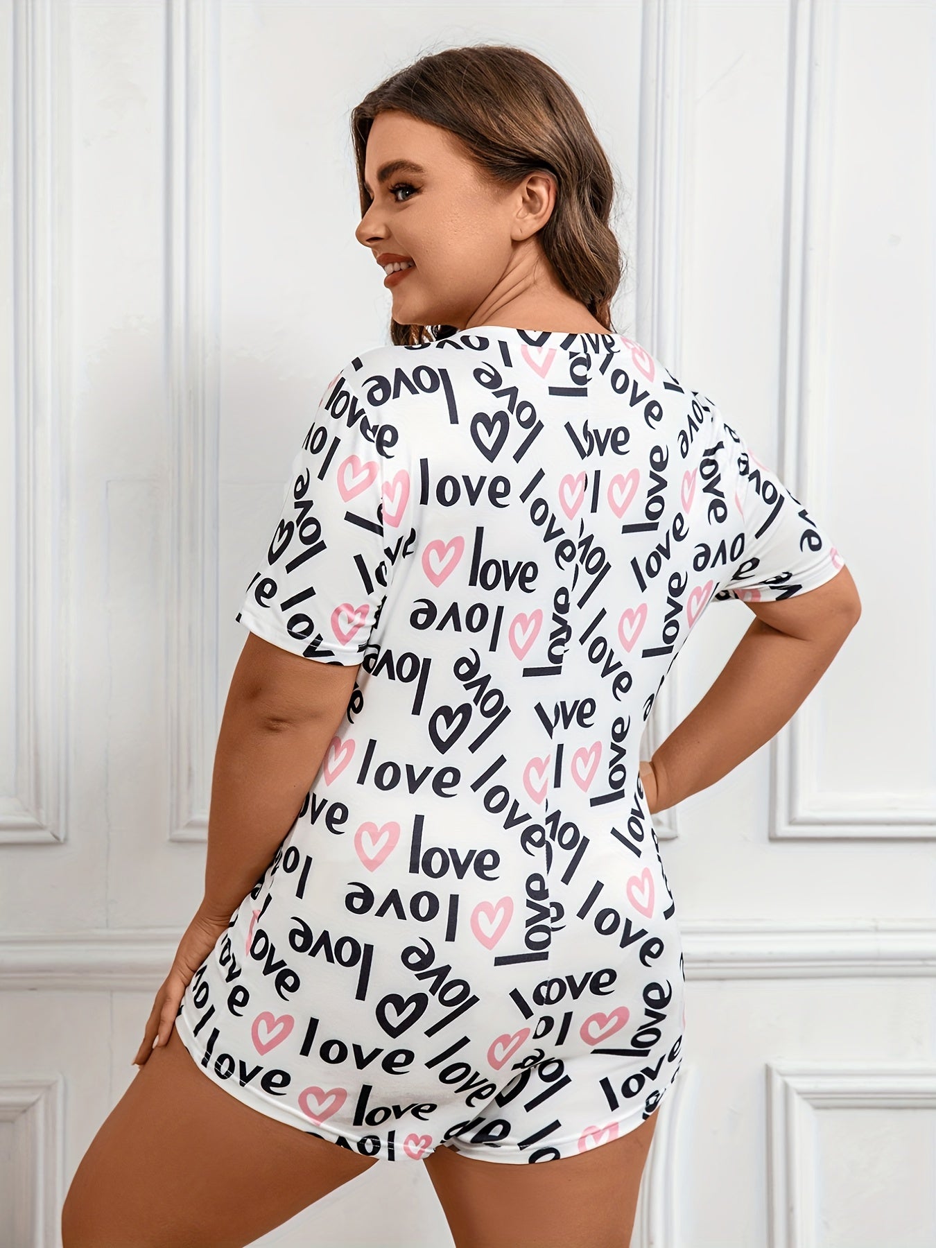  Letter Print Pajama Romper Short Sleeve V Neck