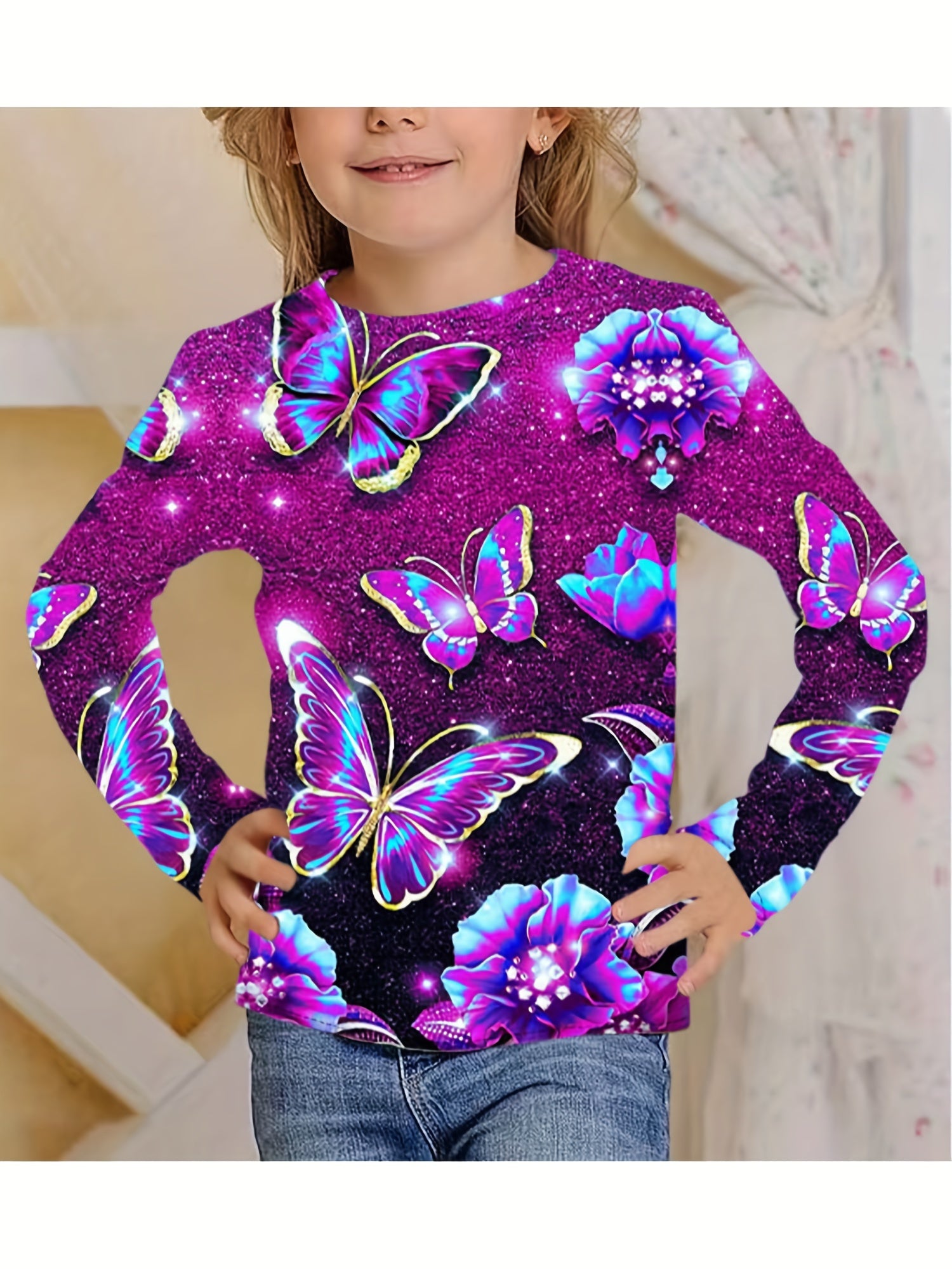 Sequin Butterfly Night Effect Print T shirt Girls' 3D Print Tees For Party