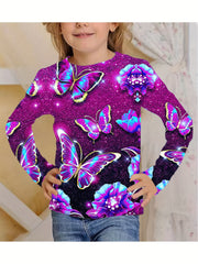 Sequin Butterfly Night Effect Print T shirt Girls' 3D Print Tees For Party