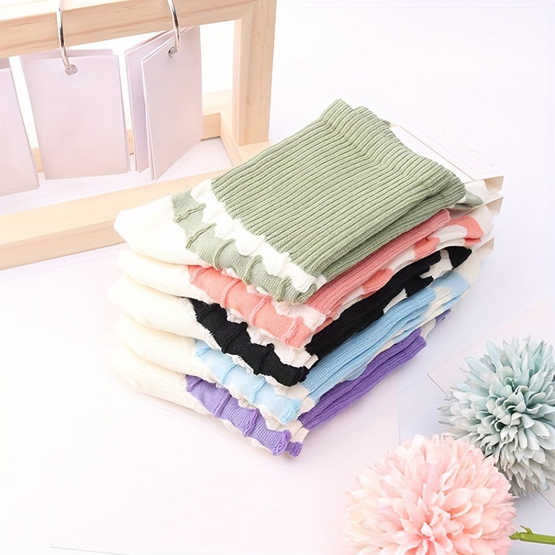 5 Pairs Women's Striped Crew Socks - Comfy & Breathable Stockings
