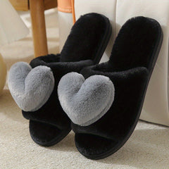 Plush Lined Heart Decor Slippers, Open Toe, Comfortable Indoor Shoes