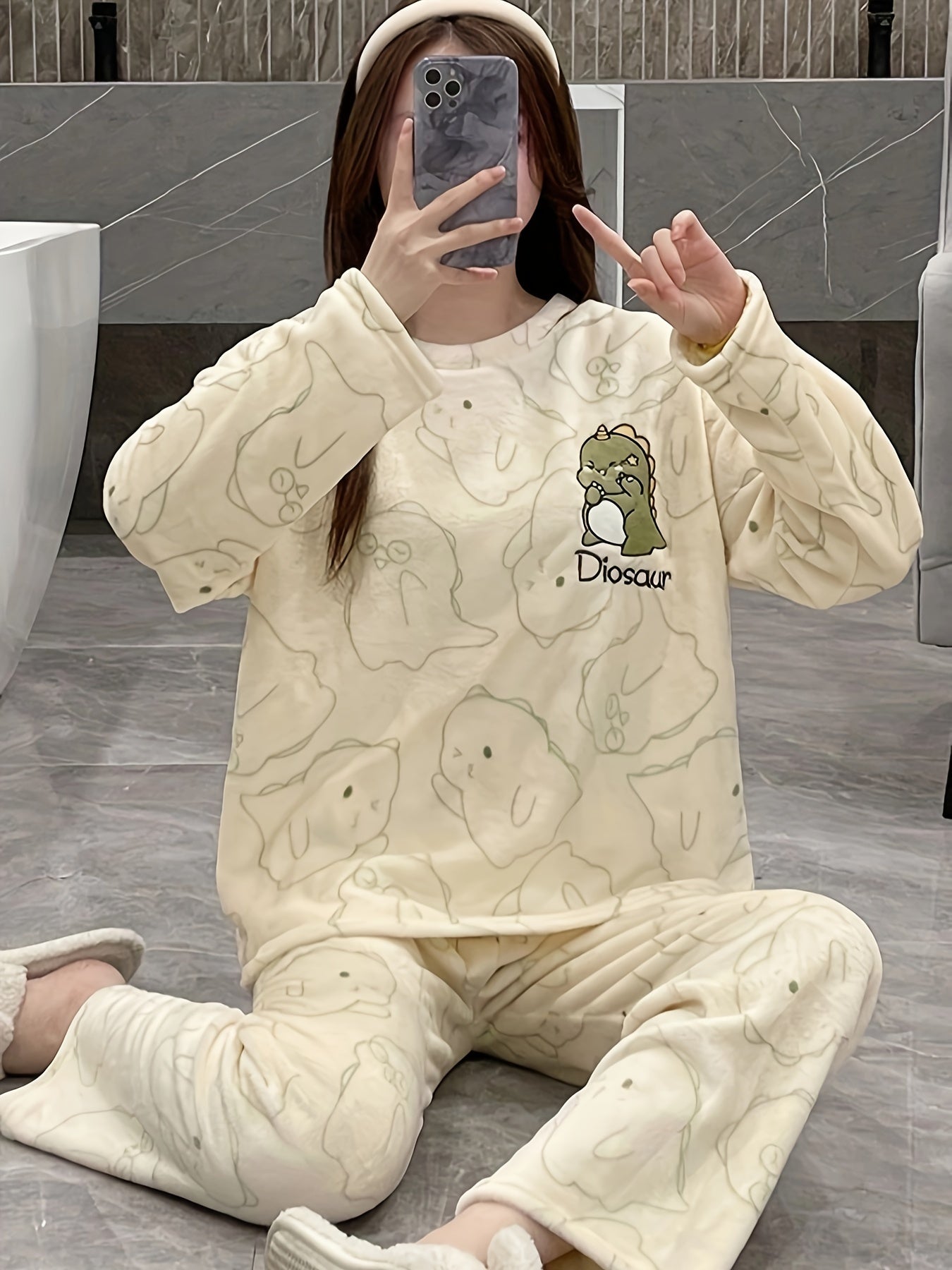 Dino Print Pajama Set Long Sleeve Top & Pants Women's Sleepwear