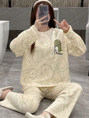 Dino Print Pajama Set Long Sleeve Top & Pants Women's Sleepwear
