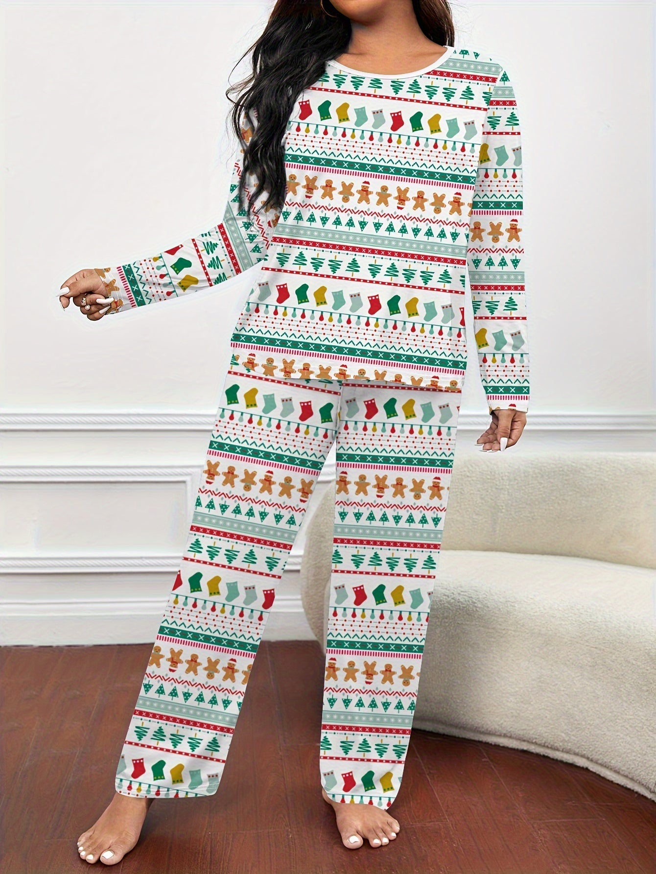  Christmas Casual Pajamas Set Women's Plus Print Tee & Pant