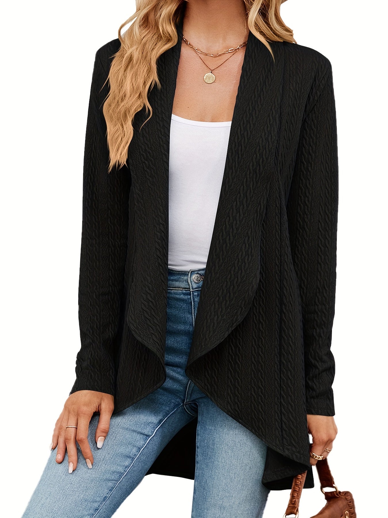  Solid Cable Long Sleeve Open Front Cardigan