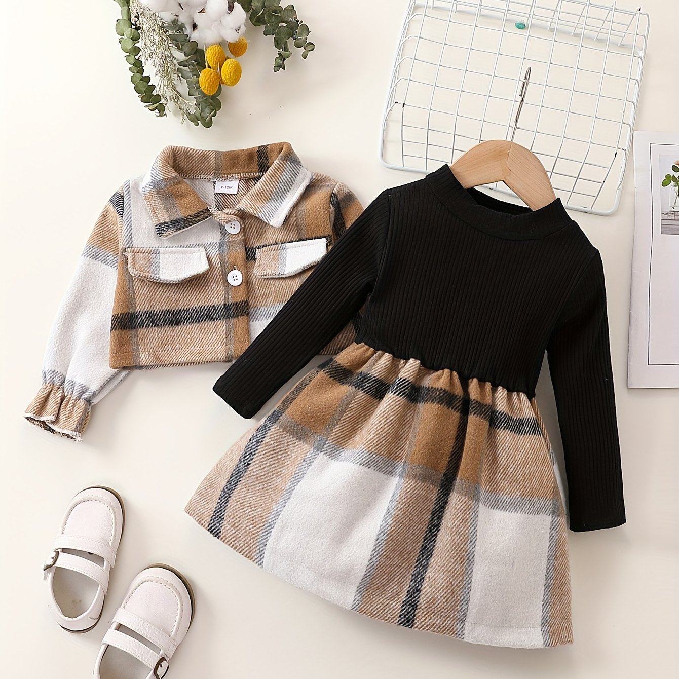 Baby Girls Preppy Style Plaid Long Sleeve Dress Set