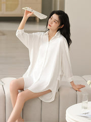 Solid Buttons Nightdress Long Sleeve V Neck Sleep Dress Women's Sleepwear
