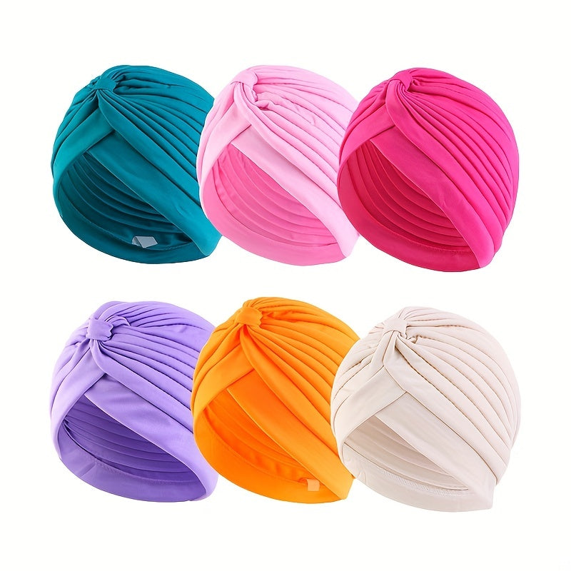 6pcs Pleated Bowknot Turban Cap Solid Elastic Head Wrap Hijab